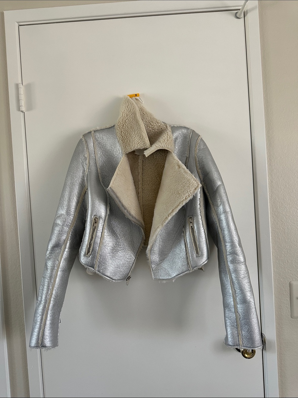Women’s Silver Faux-Shearling Moto Jacket